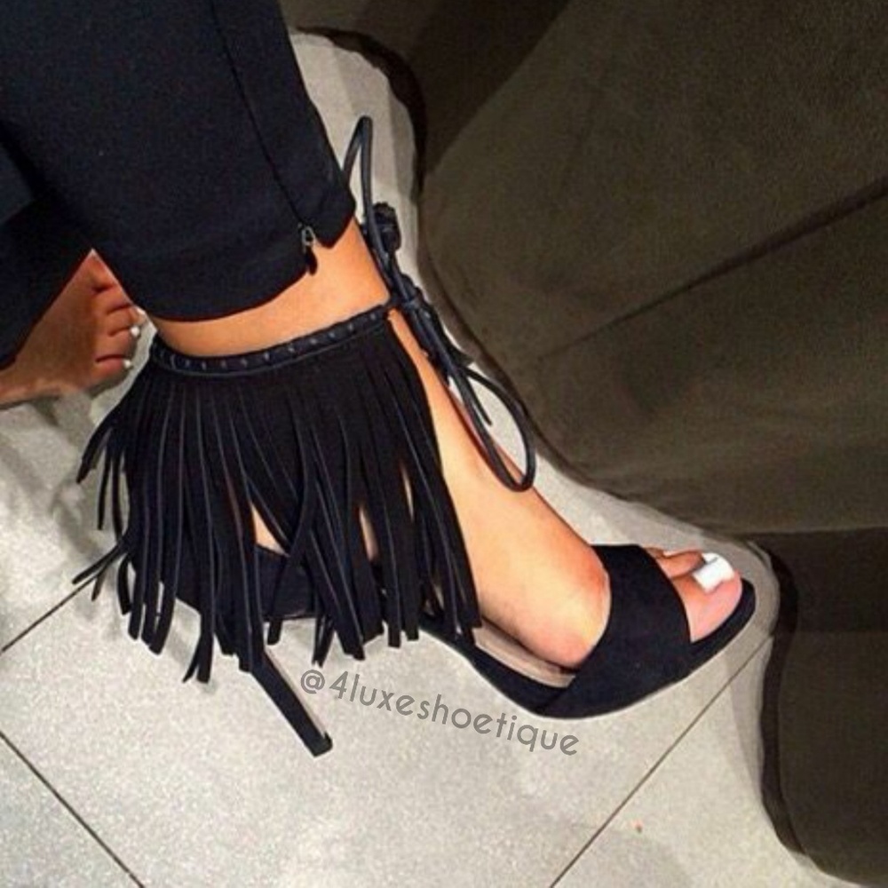NEW Black Fringe High Heel Tie Up Sandals Size 5.5